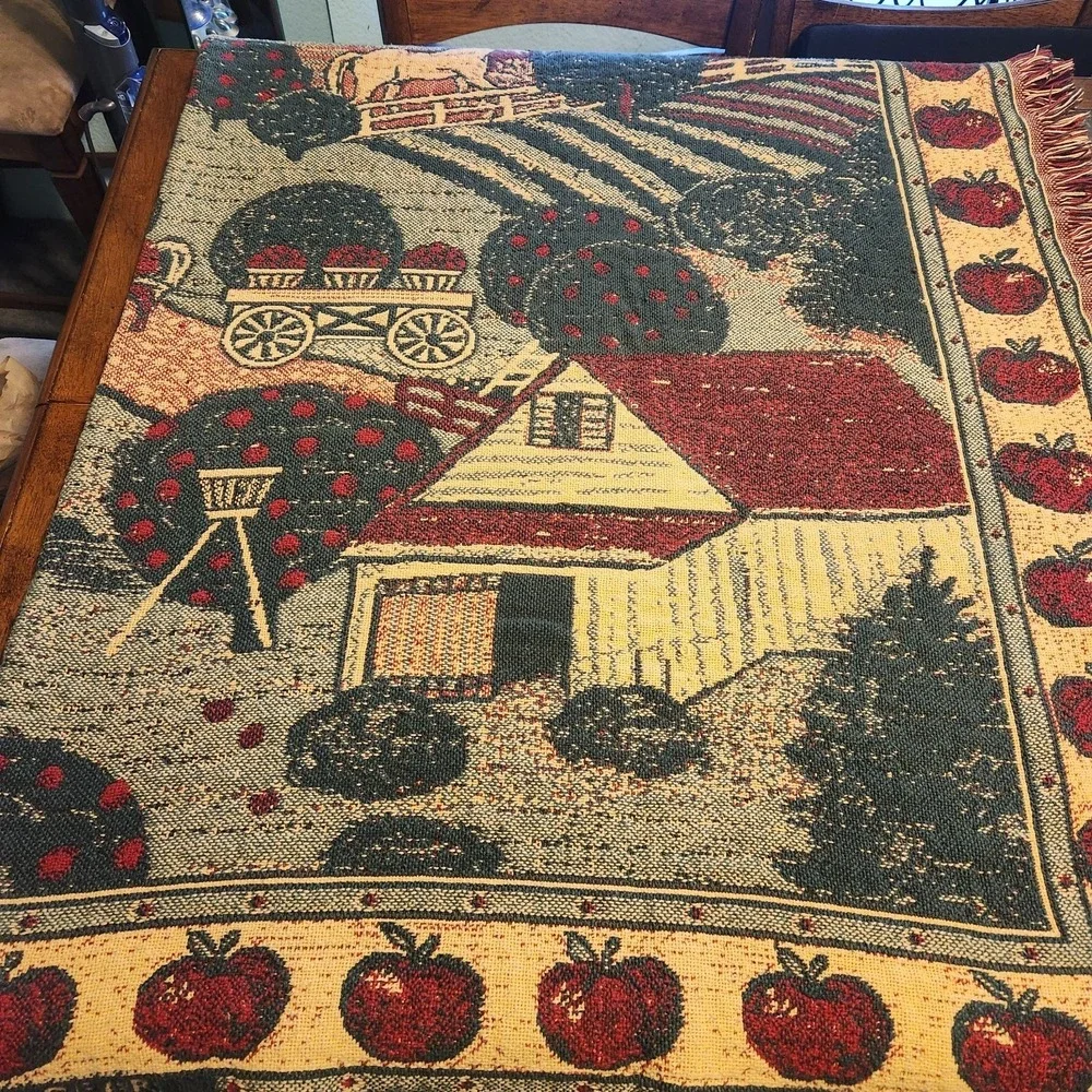 Vtg woven‎ Tapestry Throw Blanket Horses Barn Apple Orchard Thick Cotton Fringe